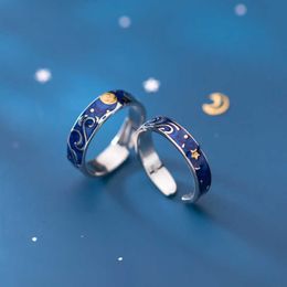 Star Moon Starry Night Van Gogh Open Adjustable Sterling Silver 925 Ring for Men Women Original Lovers Rings Fine Jewelry 210707