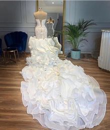 Cascading Ruffles Cathedral Train Mermaid Wedding Dresses 2022 Sweetheart Lace-up Corset Back Beaded Arabic Church Wedding gown249g