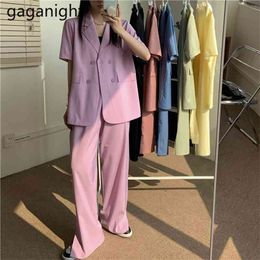 Work Pant Suits OL 2 Piece Set for Women Spring Summer Short Sleeve Blazer and Wide Leg Pants Sets Office Lady Outfits 210601