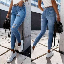 European and American Style Women Casual Fashion Jeans High Waist Comfortable Stretch Wash Ladies Denim Feet Trousers WS30 210809