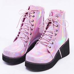 New Style Unisexs Shoes Punk Wedge Heel 7cm Pink Holographic Leather Halloween Costumes Gothic Ankle boots
