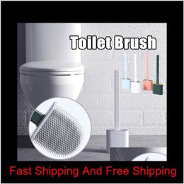 Silicone Toilet Brush Wall Save Space Brush Mounted Flat Head Flexible Soft Brushes With Quick Drying Holder Set Bathroom Accessory Vj Dmbog