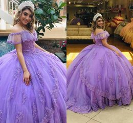Quinceanera Dresses Lavender Off the Shoulder Lace Applique Badeed Tiered Skirt Sweep Train Custom Made Princess Sweet Ball Gown