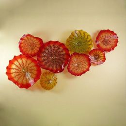 Creative Orange Hand Blown Glass-Flower Lamp for Living Room Modern Murano Glass Plate Hanging Wall Art Home Decoration