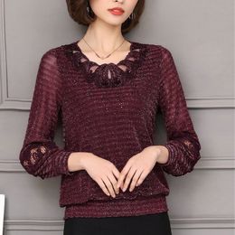 New Mesh Plus size Women clothing Lace Shirt Tops Hollow out basic female Elegant Long-sleeve Lace Blouses shirts 5XL T200321