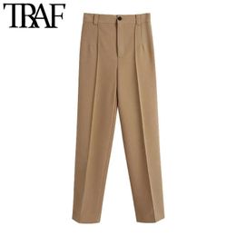 TRAF Women Fashion With Seam Detail Straight Pants Vintage High Waist Zipper Fly Office Wear Female Trousers Mujer 210706