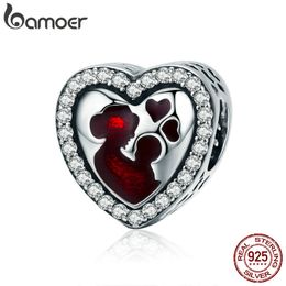 BAMOER 100% 925 Sterling Silver Great Mother's Love Heart Engrave Charm Beads fit Bracelet & Necklace Jewelry Mother Gift SCC634 Q0531