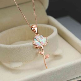 One Piece White Opal Rose Gold Flower Pendant Necklace For Women France Romantic Box Chain Wedding Neck Jewelry Gift