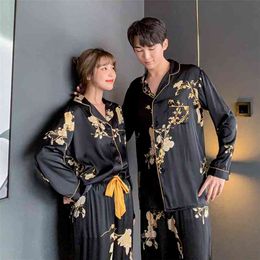 Spring Women's Pajamas Set Luxury Style Black Golden Flower Print Sleepwear Silk Like Couple Home Clothes Nightwear for Men 210809