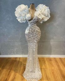 Sparkly Sequins Mermaid Wedding Dresses 2022 Beaded Crystals Flowers Appliqued Long Sleeve Plus Size Bridal Gowns Robe de mariée