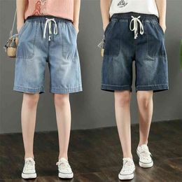 6040 Summer Fashion Women Korean Style Solid Color Elastic Waist Pockets Wide Leg Half-Length Denim Shorts Female Simple Capris 210621