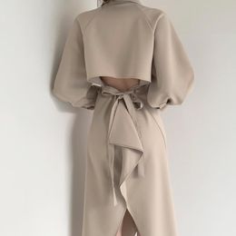 Casual Dresses Design Hollow Out Waist Long Sleeve Split Woman Dress Simple Korean Solid Elegant Robe Femme Slim Office Lady Vestidos