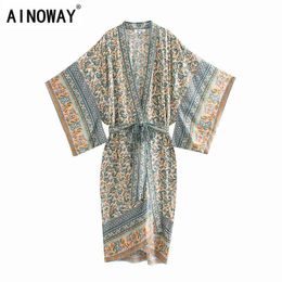Vintage chic women floral print Batwing sleeve beach Bohemian Kimono dress Ladies V neck Summer Boho robe cover-up vestidos G1214