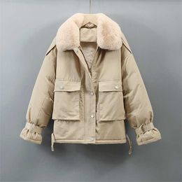 Short Cotton Liner Parka Coat Winter Jacket Women Casual Thick Warm Ladies Lapel Solid Colour Chic 211018