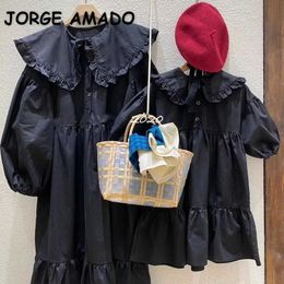 Korean Style Summer Family Matching Sets Audrey Hepburn Black Long Sleeves Dress Mother Daughter Retro Outfits E12 210610