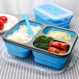 1100ml 3 Cells Silicone Foldable Lunch Box Collapsible Bento Box Travel Outdoors Food Storage Container Eco-Friendly Lunchbox 210925