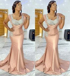 Satin Evening 2021 Dresses Mermaid Lace Applique Sleeveless Custom Made Plus Size Scoop Neck Ruched Pleats Dubai Prom Party Gown Vestidos