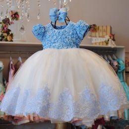 Lovely Lace Ball Gown Flower Girl Dresses For Weddings 3D Appliques Little Girls Pageant Dress Short Sleeves Pearls First Communion Gowns