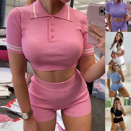 2021 European and American new women's short-sleeved pants suit sexy cropped sweater shorts two-piece suit