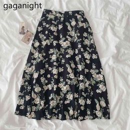 Vintage Floral Print Pleated Midi Skirt Women Elastic High Waist A-Line Skirts Summer Elegant Female Bottoms 210601