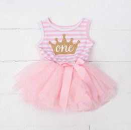 Retail Baby Girl Birthday Dress Crown Letters Sleeveless Stripe 1-2-3T Summer Princess Cake Children Clothes E90287 210610