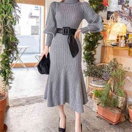 Women Turtleneck Knitted Sweater Long Dress Autumn Solid Sleeve Casual es Elegant Bodycon Sheath Female 210603