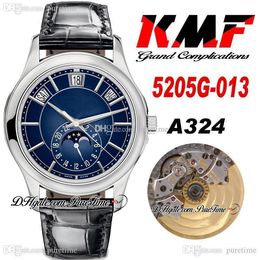 KMF Complications Annual Calendar Cal.324SC Automatic Mens Watch Steel Case 5205G-001 Moon Phase Blue Dial Black Leather Strap Super Edition Watches Puretime E02c3