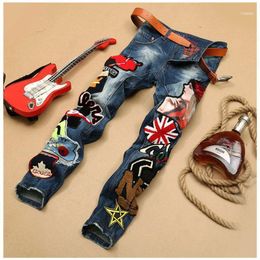 Men's Jeans Patchwork Denim Blue Locomotive Pants Embroidery Beauty Badge Cool Stylish Design Skinny Straight Slim 29-381