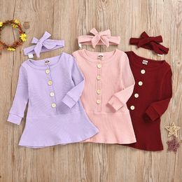 Girl's Dresses Toddler Girl Clothes Long Sleeve Kids Dress Solid Baby Girls Dresses Headband 2pcs Sets Baby Clothing 3 Colours BT5978