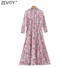 Zevity Women Sweet Agaric Lace Pink Floral Print Casual Pleated Midi Dress Female Three Quarter Sleeve Party Vestido DS4910 210603