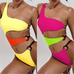 Womens Hollow out One-piece Swimsuit Fashion Trend Solid Colors One Shoulder Sling Swimwear Designer Summer Female Sexy Back Slim Beach Bikini