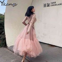 Vintage Pink Pleated Long Tulle Skirt Tutu Femme High Waisted Runway Soft Mesh Skirts Korean Women Spring Jupe harajuku 210621