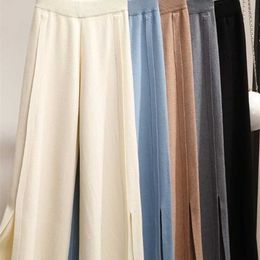 SURMIITRO Fashion Autumn Winter Thick Knit Long Wide Leg Pants Women Korean Style White Split High Waist Trousers Female 211216