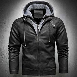 Leather Jacket Men Vintage Motorcycle Fashion Clothing Biker With Hood s Hooded Riding Trends 211009