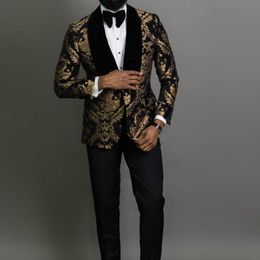 2 Piece Black Floral Jacquard Prom Men Suits Slim Fit with Velvet Shawl Lapel Wedding Groom Tuxedo Male Fashion Clothes X0608