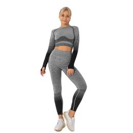 Women Sports Wear SeamlGreen Gym Set Ombre Long Sleeve Yoga Set Full Legging High Waisted Fitnesss Suit Tight Work Out Suit X0629