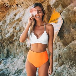 SEASELFIE Solid White and Orange Bikini Sets Sexy High-Waist Padded Swimsuit Two Pieces Swimwear Women 2021 Beach Bathing Suits 210305