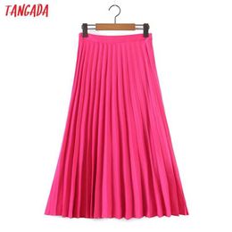 Tangada Women pink Pleated Midi Skirt Faldas Mujer Vintage Side Zipper Office Ladies Elegant Chic Mid Calf Skirts 8H53 210609