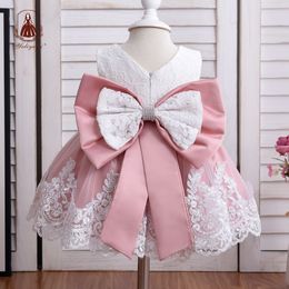 Yoliyolei Baby Girl Dress Infant Girls Princess Dress With Big Bow Sweet Wedding Birthday Baptism Party Newborn Kids Clothing 210303