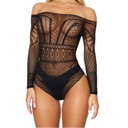 Bikini Sexy Underwear Lace Mesh Sheer Rompers Jumpsuit Shorts Onesie Fashion Club Outfit Long Sleeve Bodycon Playsuit 211201