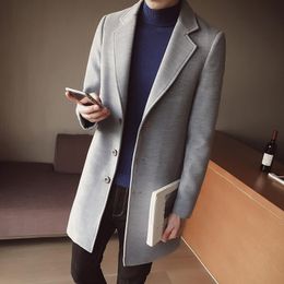 Solid Color Slim Fit Male Trench Coat Wool Coat Män stänger av kragen överrock mode mitten lång jacka M-5xl