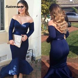 Meramid Long Sleeves Navy Blue Evening Dress Backless Dubai African Formal Holiday Wear Party Gown Custom Made Plus Size