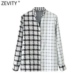 Zevity Women Vintage Houndstooth Plaid Patchwork Print Smock Blouse Office Lady Stand Collar Shirts Chic Blusas Tops LS7640 210603