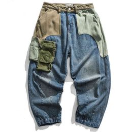 Jeans Patchwork Multi-Pocket Couple Denim Pants Beggar Style Japanese Autumn High Street Casual Women Streetwear