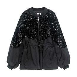 PERHAPS U Women Black Patchwork Jacket Long Sleeve Lace-up Zipper Windbreaker Sequined C0456 210529