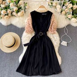 Korean Spring Fashion Mesh Stitching Dress Women V Collar Thin Short Sleeve Elegant A-line Clothes Vestidos R195 210527