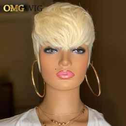 613 Honey Blonde Bury 99Jcolor Short Wavy Bob Pixie Cut Non Lace Front Human Hair Wigs With Bangs For Black Women Indian