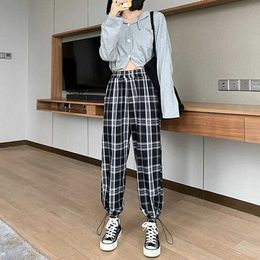 QWEEK Harajuku Plaid Pants Women Korean Style Checked Trousers For Female 2021 Fashion High Waist Loose Casual Wide Leg Q0801