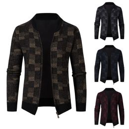 Men's Jackets Autumn Winter Long Sleeved Plus Velvet Hoodless Plaid Sweater Cardigan Jacket Men Outerwear Windbreaker Coat