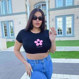 Women's T-Shirt Short-sleeved Clothes Slim Sexy Round Neck Pullover Floral Print Casual Harajuku Summer Black Y2k Wear Retro Streetwear